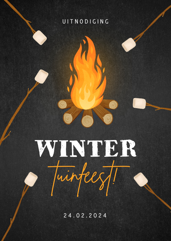 Uitnodigingen - Uitnodiging winter tuinfeest vuurkorf marshmallow krijtbord