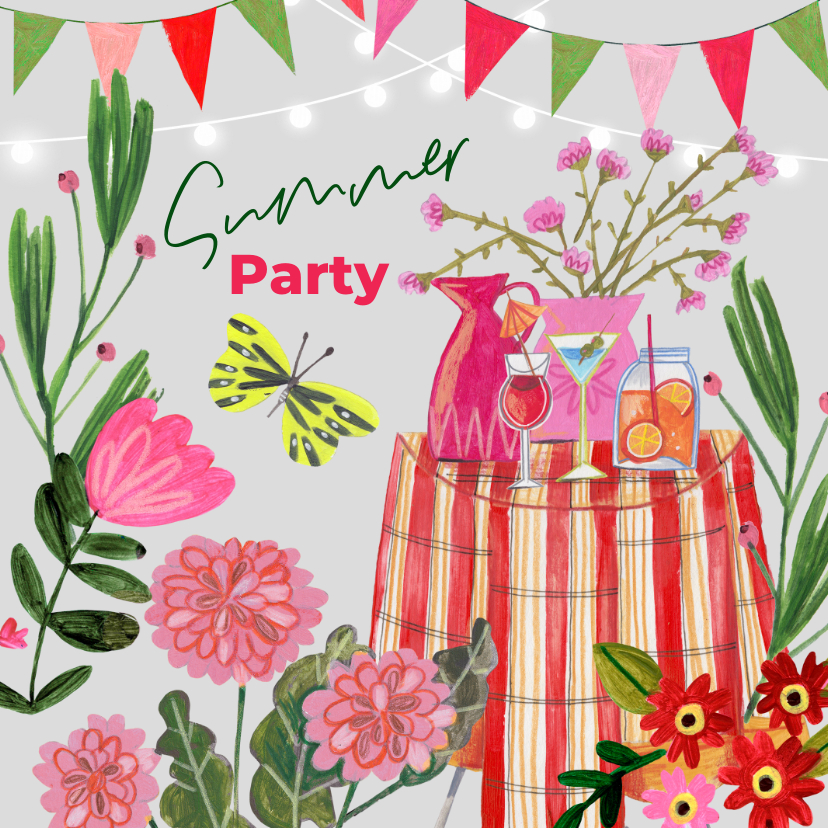 Uitnodiging zomer tuinfeest met bloemen en cocktails - Uitnodigingen Uitnodigingen - Uitnodiging zomer tuinfeest met bloemen en cocktails