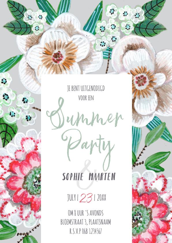 Uitnodiging zomerfeest botanisch bloemen grijs - Uitnodigingen Uitnodigingen - Uitnodiging zomerfeest botanisch bloemen grijs