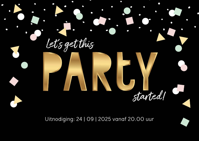 Uitnodigingen - Uitnodiging zwart goud hip confetti