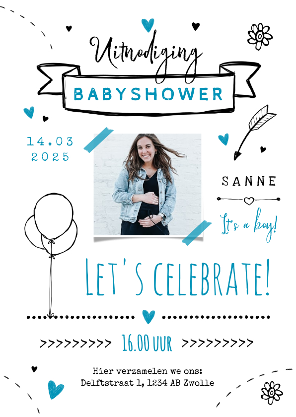 Uitnodigingskaart babyshower jongen doodle foto feestje - Uitnodigingen Uitnodigingen - Uitnodigingskaart babyshower jongen doodle foto feestje