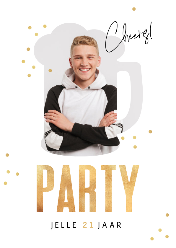 Uitnodigingskaart bier party foto confetti goud Kaartje2go