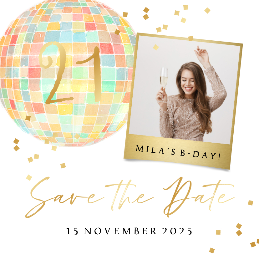 Uitnodigingskaart feestje disco foto save the date confetti  - Uitnodigingen Uitnodigingen - Uitnodigingskaart feestje disco foto save the date confetti