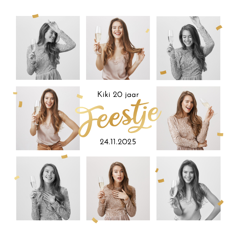 Uitnodigingskaart feestje verjaardag goud foto's confetti - Uitnodigingen Uitnodigingen - Uitnodigingskaart feestje verjaardag goud foto's confetti
