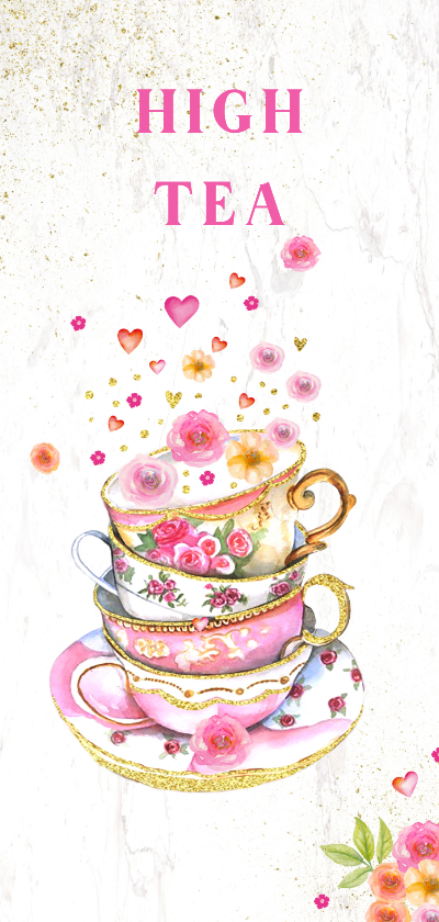 Uitnodigingen - Uitnodigingskaart High Tea kopjes bloemen