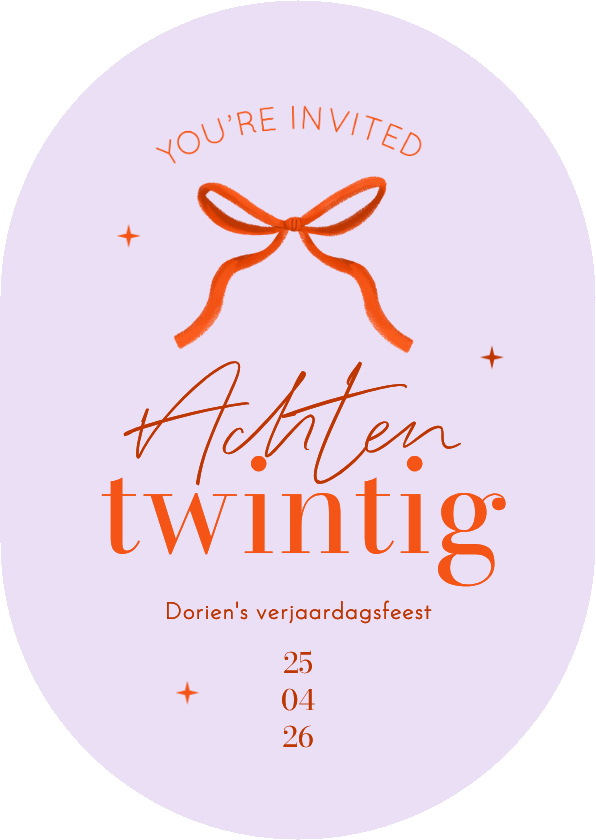 Uitnodigingskaart ovaal lila oranje strik vrouw verjaardag - Uitnodigingen Uitnodigingen - Uitnodigingskaart ovaal lila oranje strik vrouw verjaardag