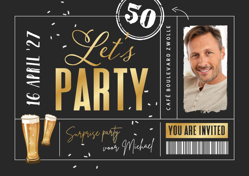 Uitnodigingen - Uitnodigingskaart ticket goud verjaardag man goud confetti