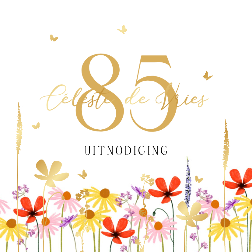 Uitnodigingen - Uitnodigingskaart verjaardag 80 veldbloemen goud vlinders