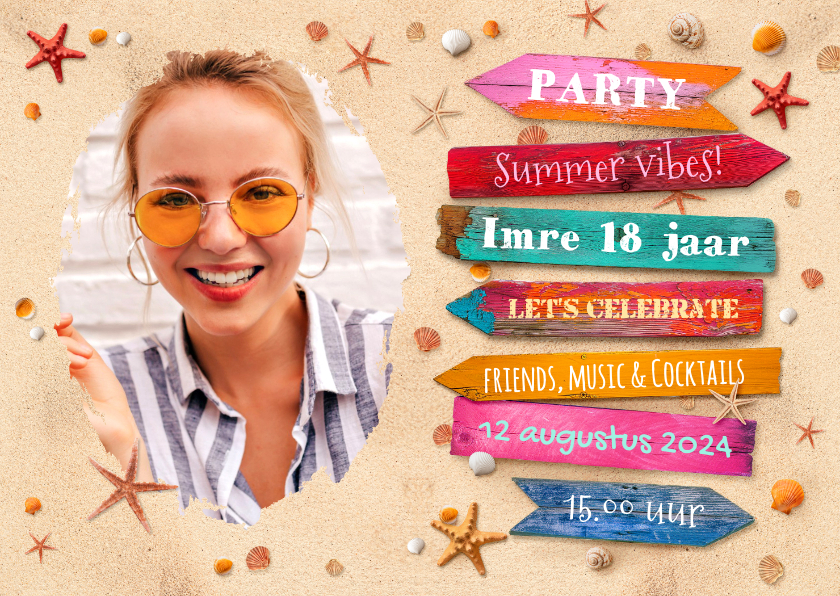 Uitnodigingen - Uitnodigingskaart verjaardag summer beach party wegwijzers