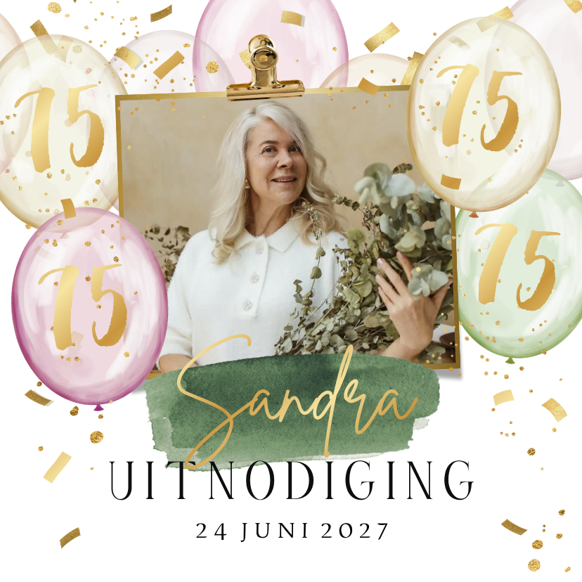 Uitnodigingen - Uitnodigingskaart verjaardag vrouw ballonnen goud confetti
