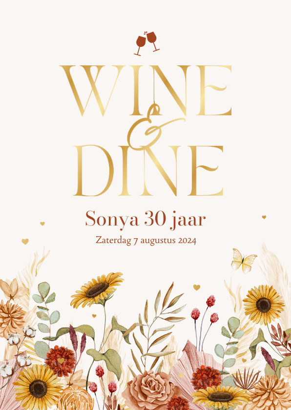Uitnodigingen - Uitnodigingskaarten wine & dine etentje borrel bloemen
