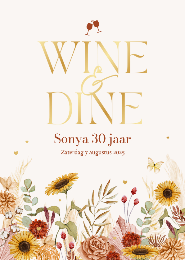 Uitnodigingen - Uitnodigingskaarten wine & dine etentje borrel bloemen