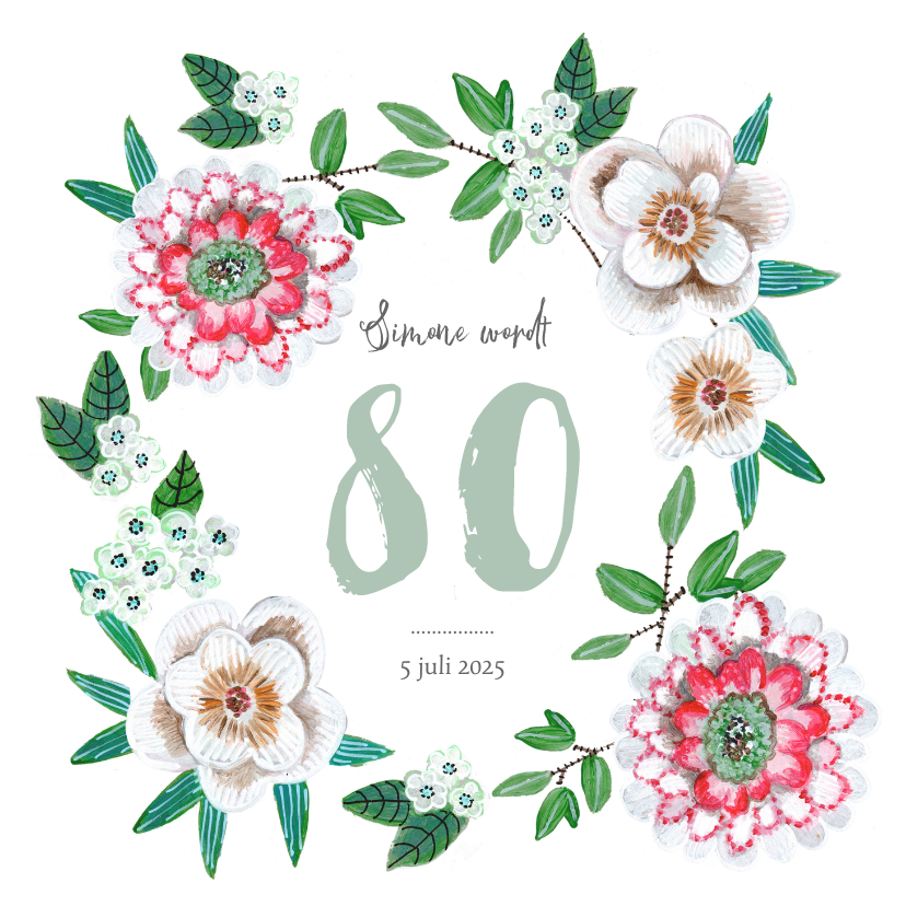 Uitnodigingen - Verjaardagsfeest botanisch bloemen groen, rood en wit