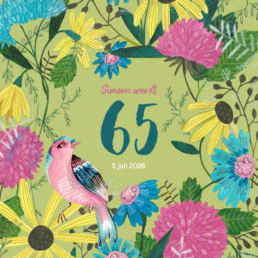 Uitnodigingen - Verjaardagsfeestje 65 jaar bloemen en vogel