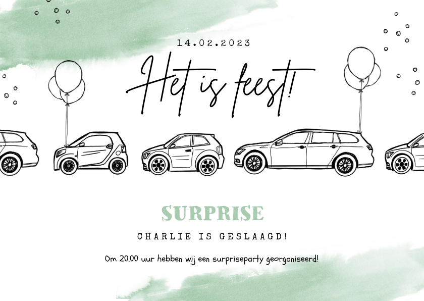 Uitnodigingen - Verjaardagskaart surprise party auto waterverf geslaagd
