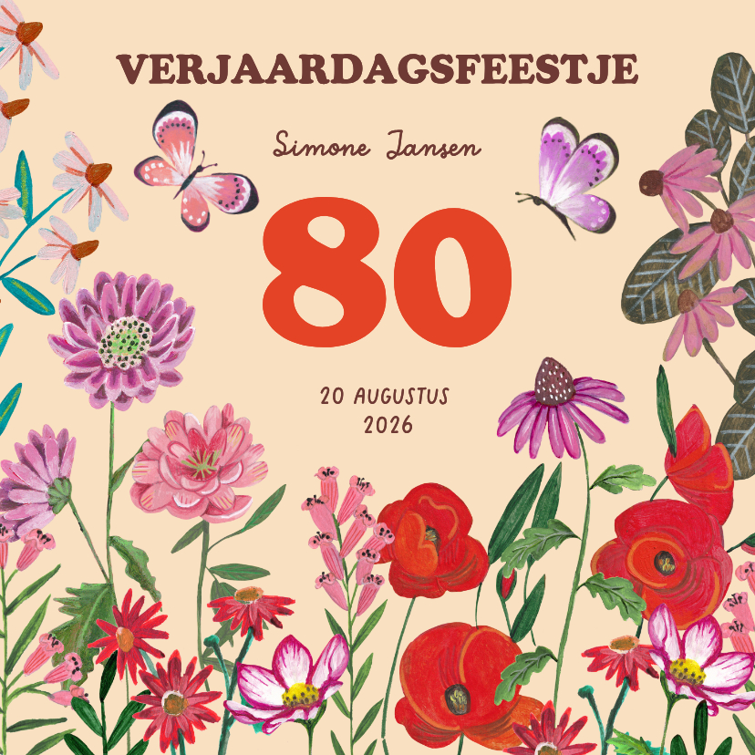 Uitnodigingen - Verjaardagsuitnodiging bloemen 80 jaar kleurrijk feest