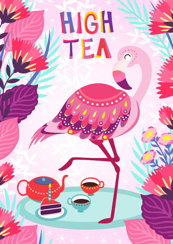 Uitnodigingen - Vrolijke high tea uitnodiging met flamingo, taart en bloemen