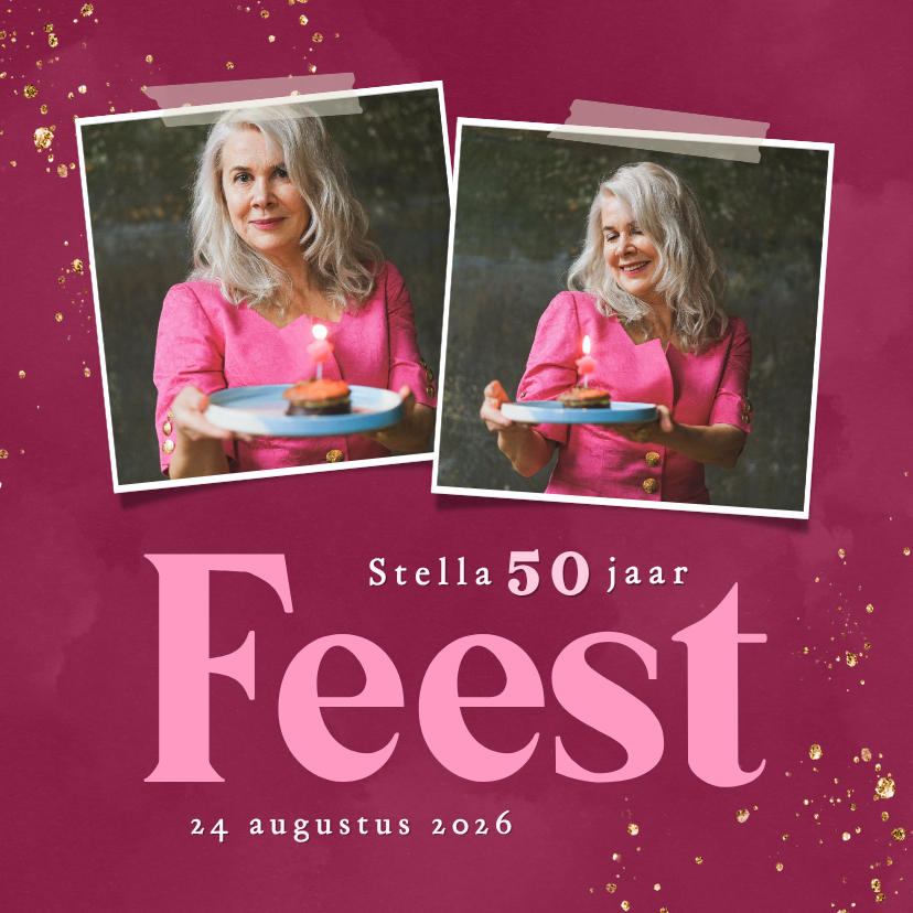 Uitnodigingen - Vrolijke roze uitnodiging met glitters met foto feest