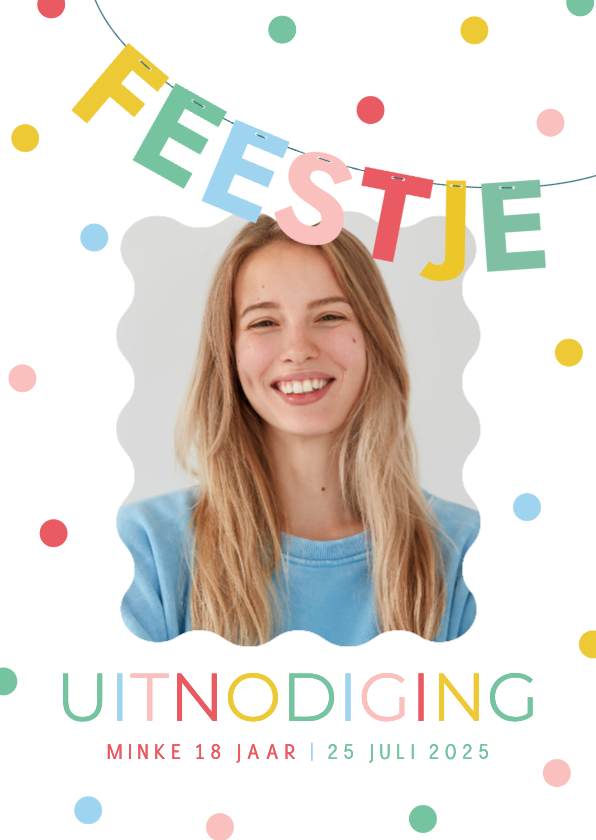 Uitnodigingen - Vrolijke uitnodiging met gekleurde slinger en confetti foto