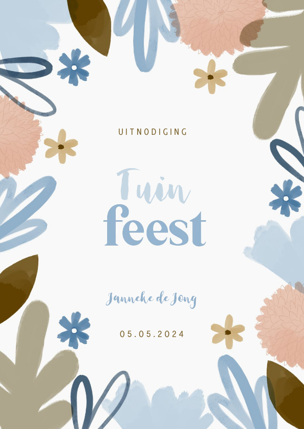 Uitnodigingen - Vrolijke uitnodiging tuinfeest blauwe en beige bloemen
