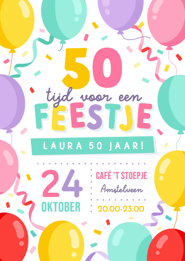 Uitnodigingen - Vrolijke uitnodiging verjaardagsfeest 50 jaar met ballonnen 