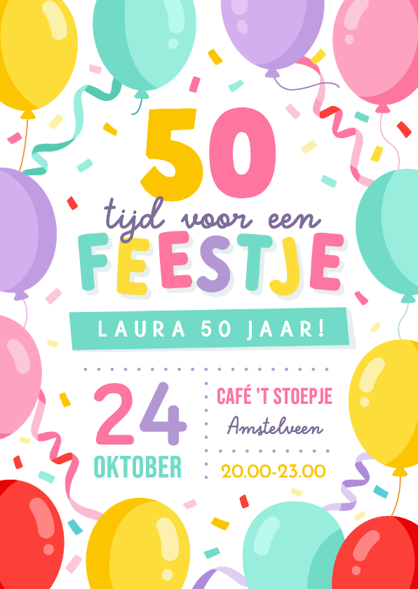 Uitnodigingen - Vrolijke uitnodiging verjaardagsfeest 50 jaar met ballonnen 
