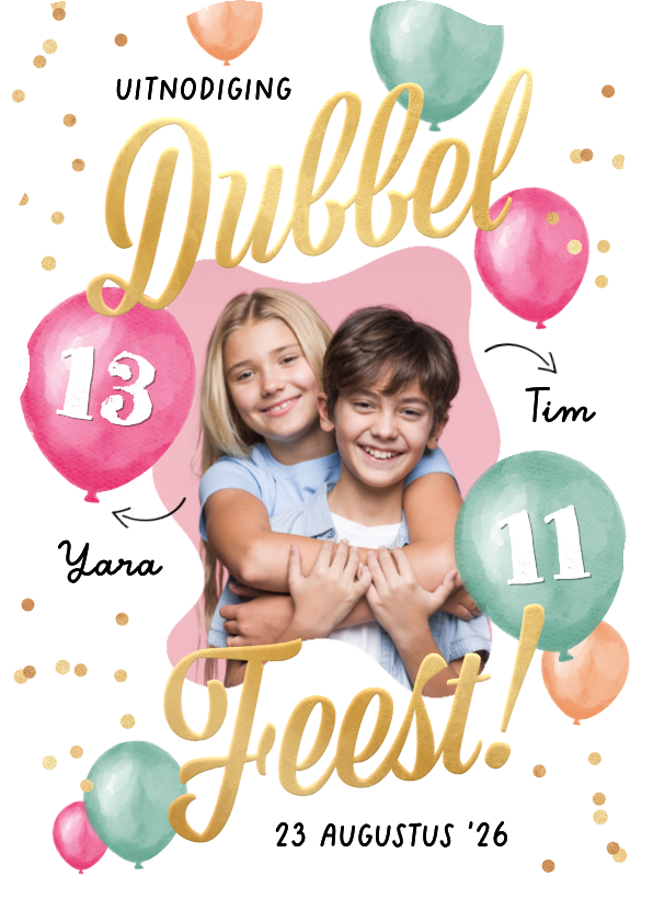 Wave vorm uitnodiging dubbel feest jarig ballonnen foto - Uitnodigingen Uitnodigingen - Wave vorm uitnodiging dubbel feest jarig ballonnen foto