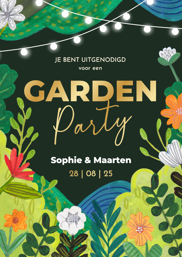 Uitnodigingen - Zomerse uitnodiging tuinfeest met bloemen en lampionnetjes