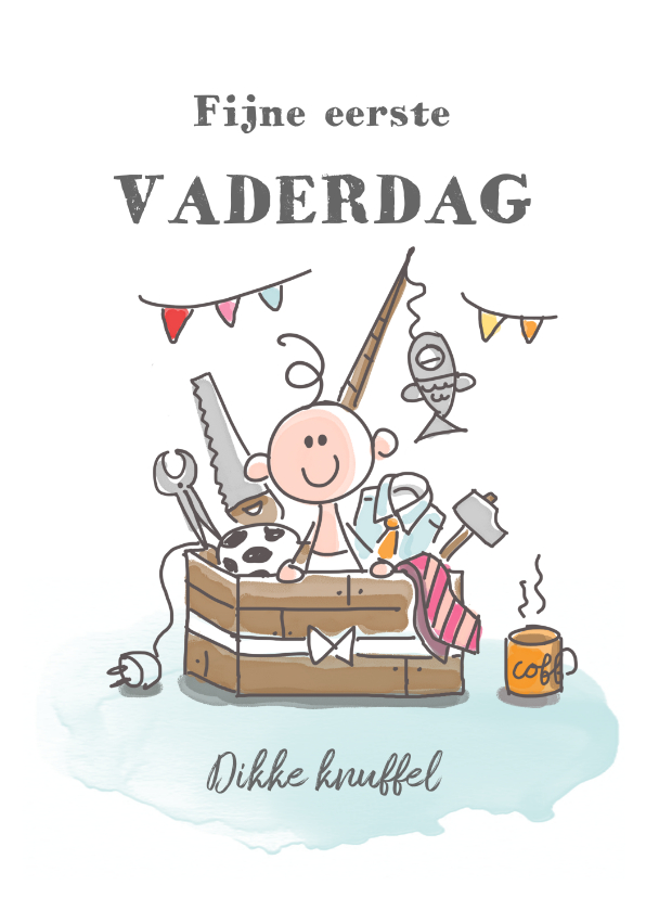 Vaderdag kaarten - Eerste vaderdagkaart met jongen in kist met kado's voor papa