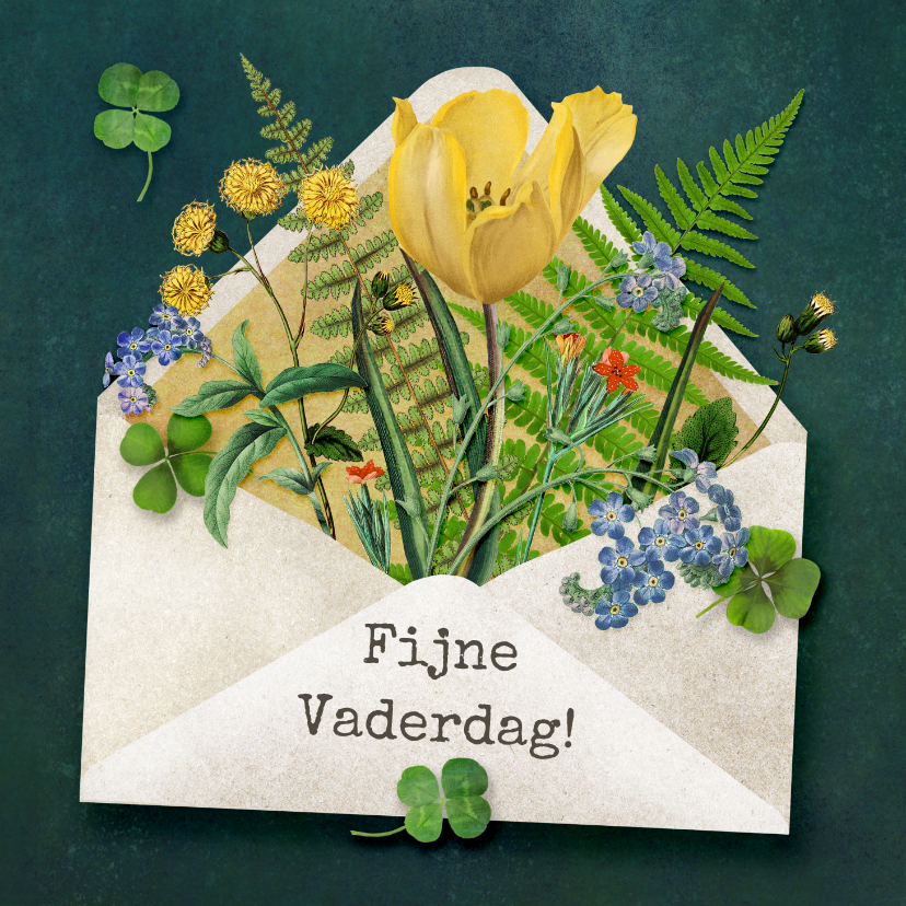Vaderdag kaarten - Fijne vaderdag, envelop gevuld met bloemen en planten