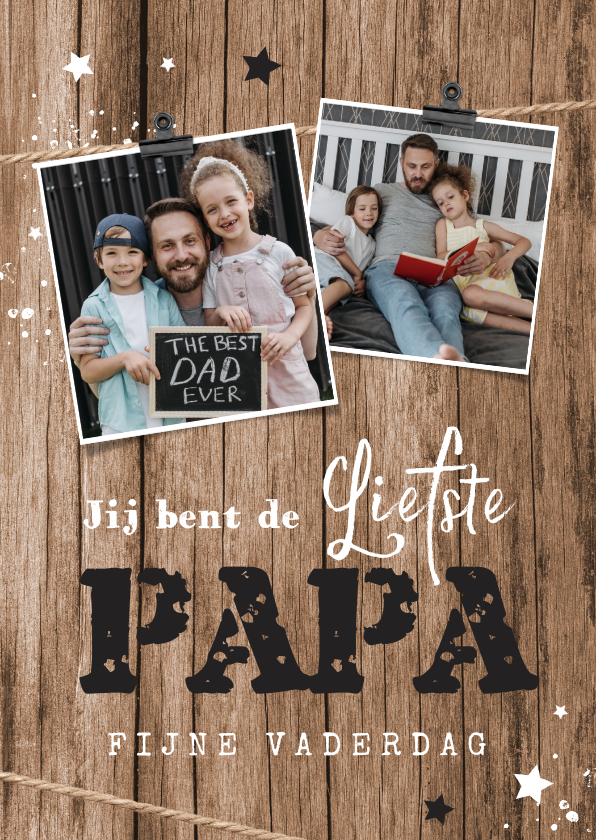 Vaderdag kaarten - Stoere vaderdagkaart hout sterren foto's liefste papa
