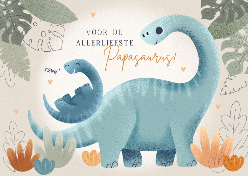Vaderdag kaarten - Vaderdag kaart papasaurus met dino's blaadjes en hartjes