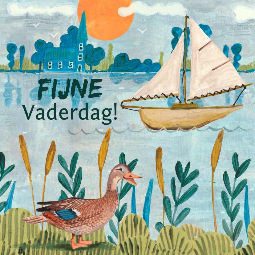 Vaderdag kaarten - Vaderdagkaart boot meer eend illustratie natuur rustig