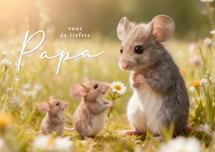 Vaderdag kaarten - Vaderdagkaart lieve muis en twee babymuisjes met bloem