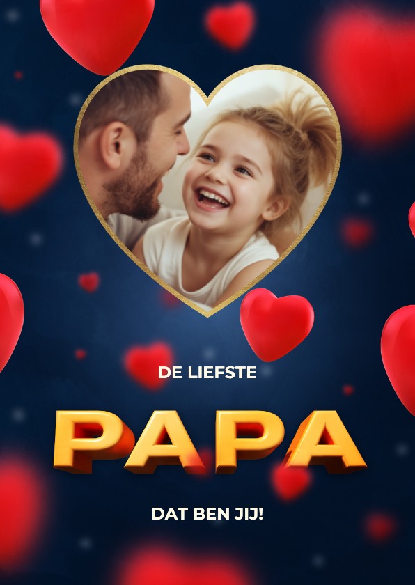 Vaderdagkaart PAPA donkerblauw met foto en rode hartjes - Vaderdag kaarten Vaderdag kaarten - Vaderdagkaart PAPA donkerblauw met foto en rode hartjes
