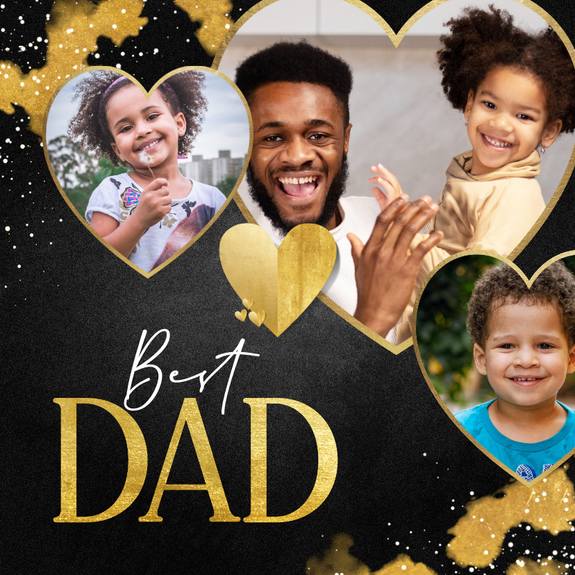 Vaderdag kaarten - Vaderdagkaart zwart met gouden hartje en 3 foto's