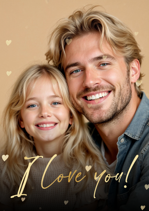 Vaderdagkaartje I love you hartjes goud met grote eigen foto - Vaderdag kaarten Vaderdag kaarten - Vaderdagkaartje I love you hartjes goud met grote eigen foto