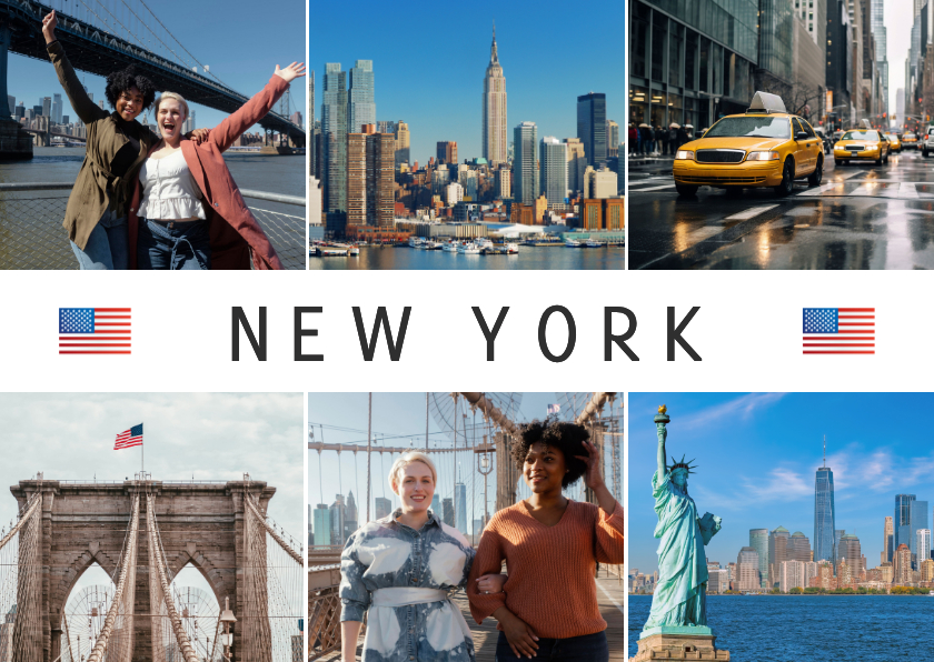 Vakantiekaarten - Ansichtkaartje New York met fotocollage en vlag