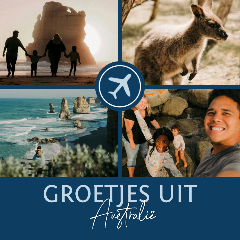 Donkerblauwe fotokaart vakantie met vliegtuigje Australië - Vakantiekaarten Vakantiekaarten - Donkerblauwe fotokaart vakantie met vliegtuigje Australië