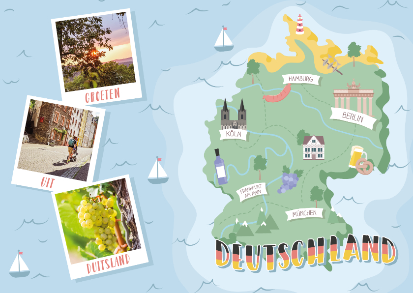 Vakantiekaarten - Groeten uit Duitsland met grappige landkaart en fotocollage