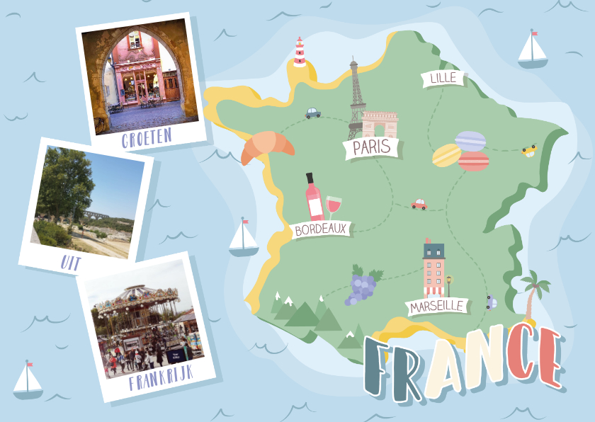 Vakantiekaarten - Groeten uit Frankrijk met grappige landkaart en fotocollage