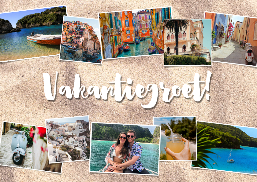 Vakantiekaarten - Leuke vakantiekaart met fotocollage, zand en typografie