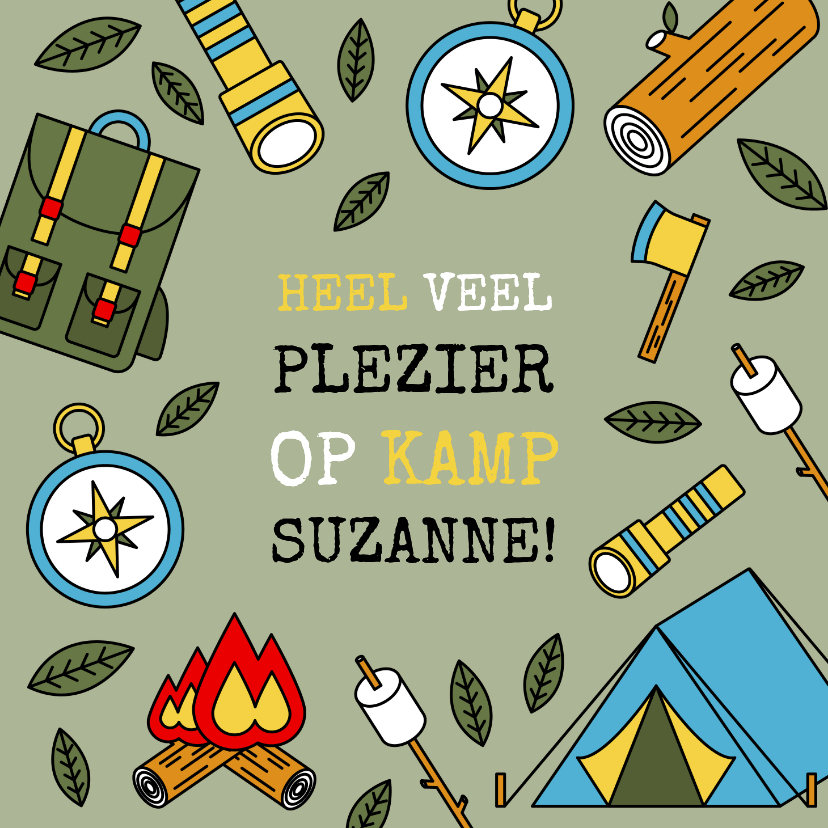 Vakantiekaarten - Leuke vakantiekaart 'veel plezier op kamp' kampeerspullen