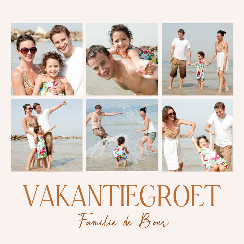 Vakantiekaarten - Mooie vakantie fotocollage kaart met vierkante foto's beige