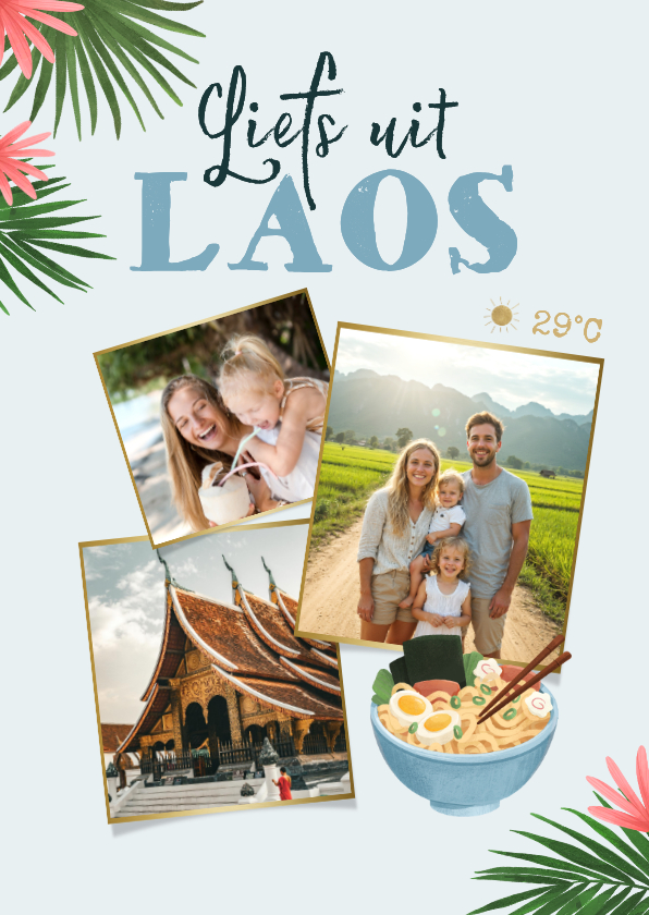Vakantiekaarten - Vakantiekaart Azië fotocollage palmbladeren bloemen Laos