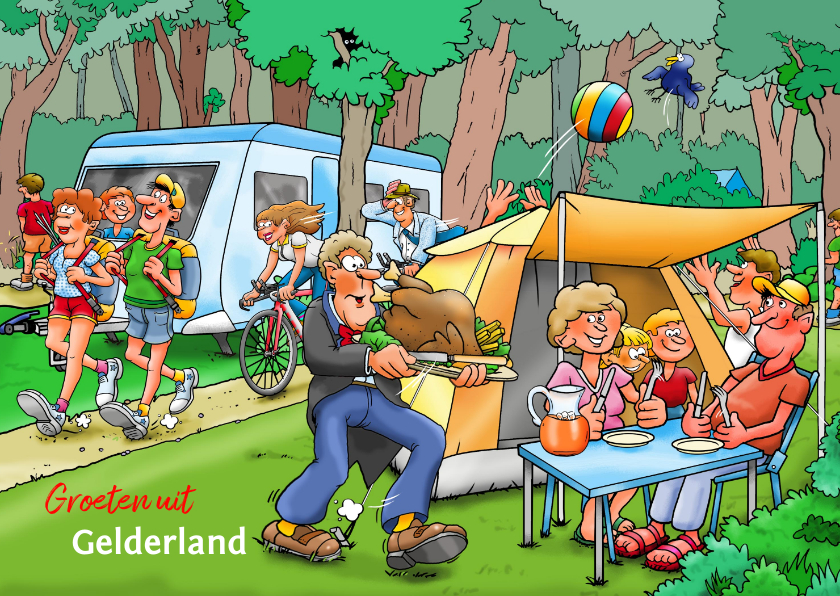 Vakantiekaarten - Vakantiekaart familie met tent en caravan op camping