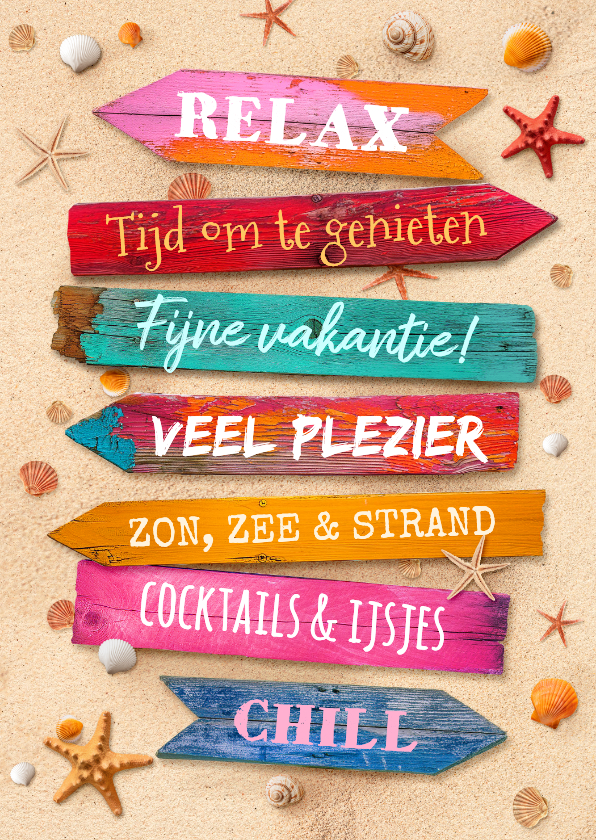 Vakantiekaart fijne vakantie tropische wegwijzers strand zon - Vakantiekaarten Vakantiekaarten - Vakantiekaart fijne vakantie tropische wegwijzers strand zon