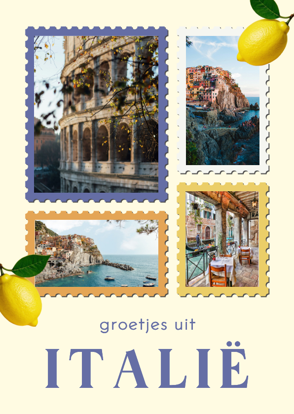 Vakantiekaart fotocollage postzegel citroentjes groetjes uit - Vakantiekaarten Vakantiekaarten - Vakantiekaart fotocollage postzegel citroentjes groetjes uit