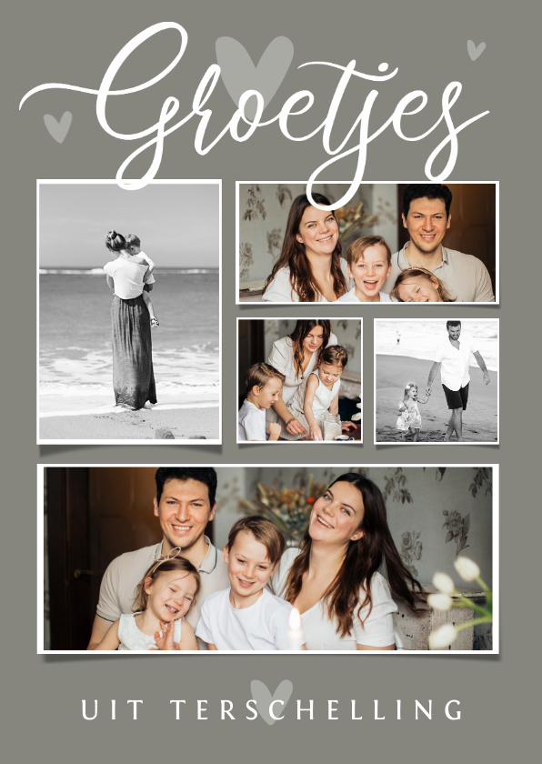 Vakantiekaart groetjes uit met hartjes en fotocollage - Vakantiekaarten Vakantiekaarten - Vakantiekaart groetjes uit met hartjes en fotocollage