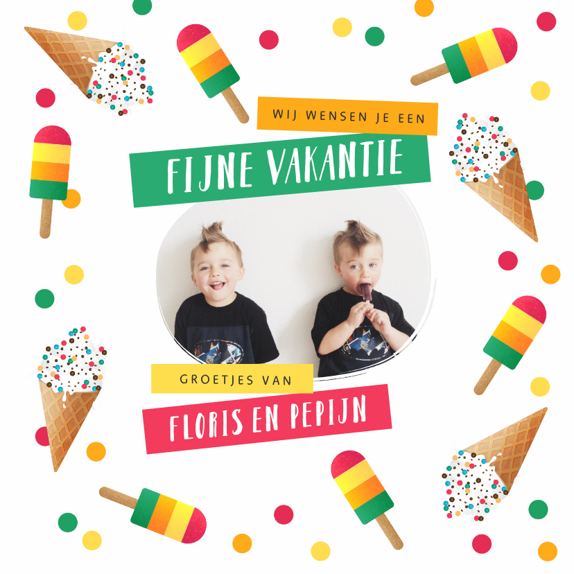 Vakantiekaarten - Vakantiekaart ijsjes foto vrolijk kinderen confetti